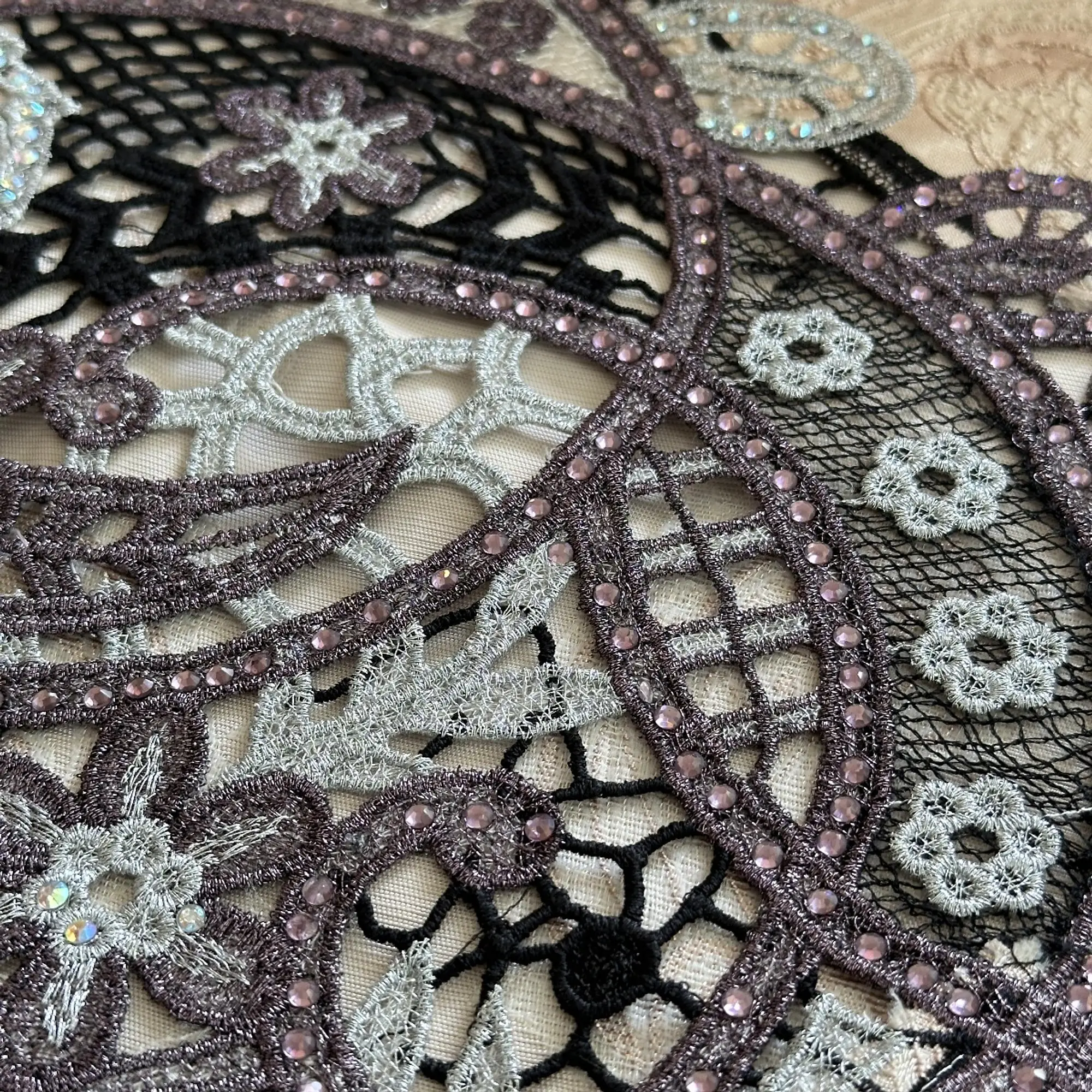 Peach brocade with taupe and onion guipure border - Master