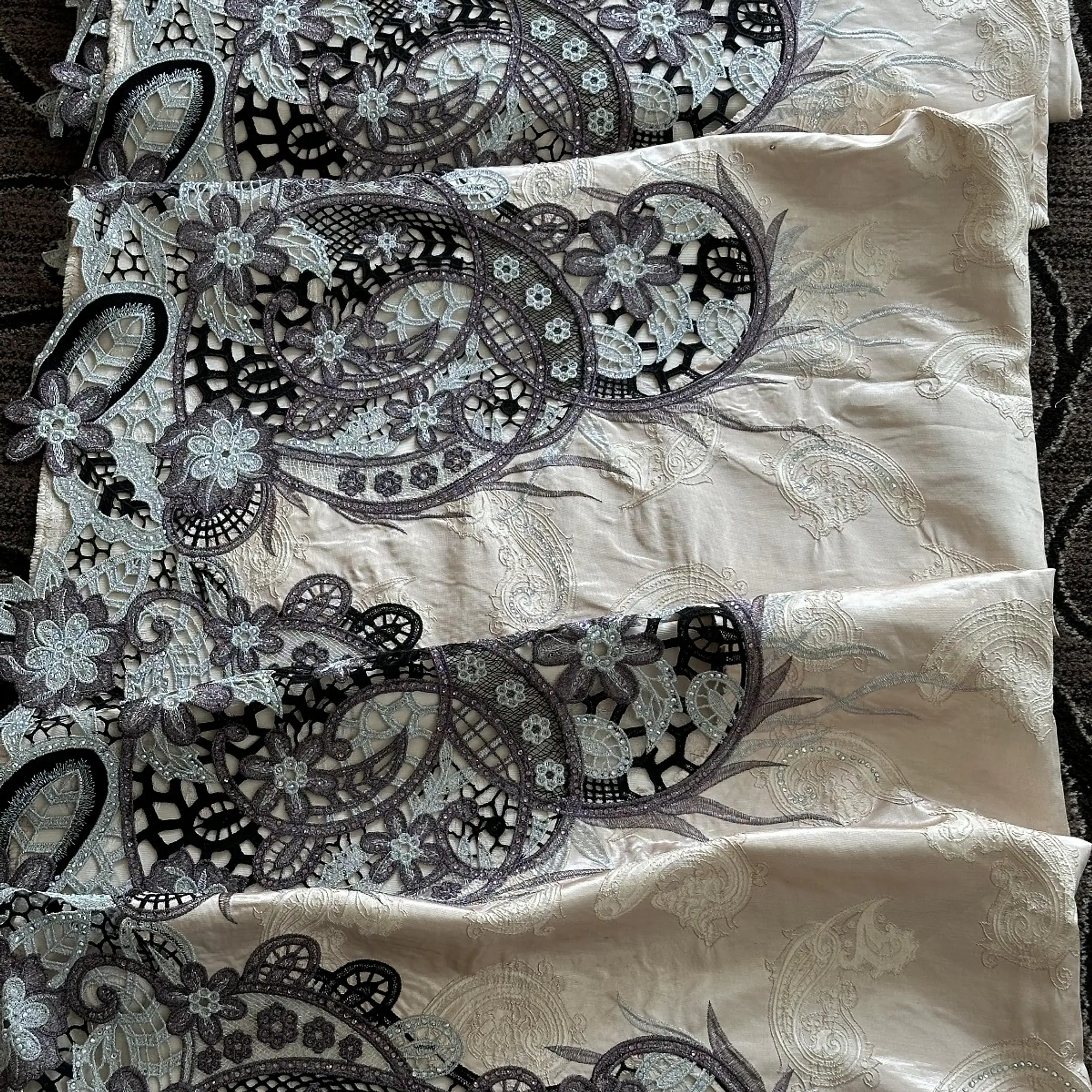 Peach brocade with taupe and onion guipure border - Master