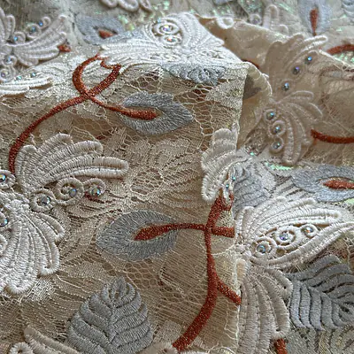 Iridescent chantelle with white and powder blue guipure with copper embroidery primary image