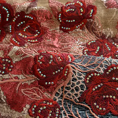 Lilac webbed tulle with peach and red brocade embellished with crystal stones primary image