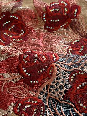 Lilac webbed tulle with peach and red brocade embellished with crystal stones