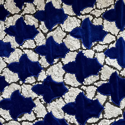 White and black sequins with royal blue laser cut velvet patches primary image