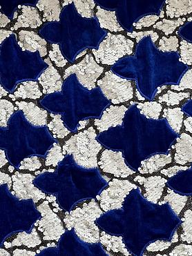 White and black sequins with royal blue laser cut velvet patches
