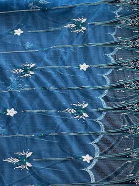 Teal tulle with emerald green velvet border patches and white embroidered 