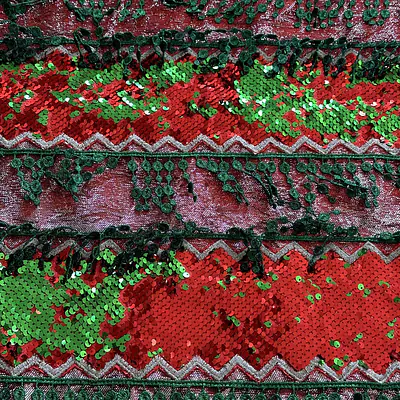 Red and green iridescent sequins with red iridescent brocade and guipure metallic green fringes  primary image