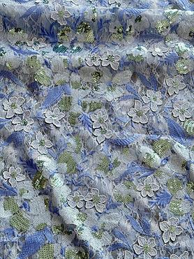 Powder blue chantelle with Sequins and guipure appliqués